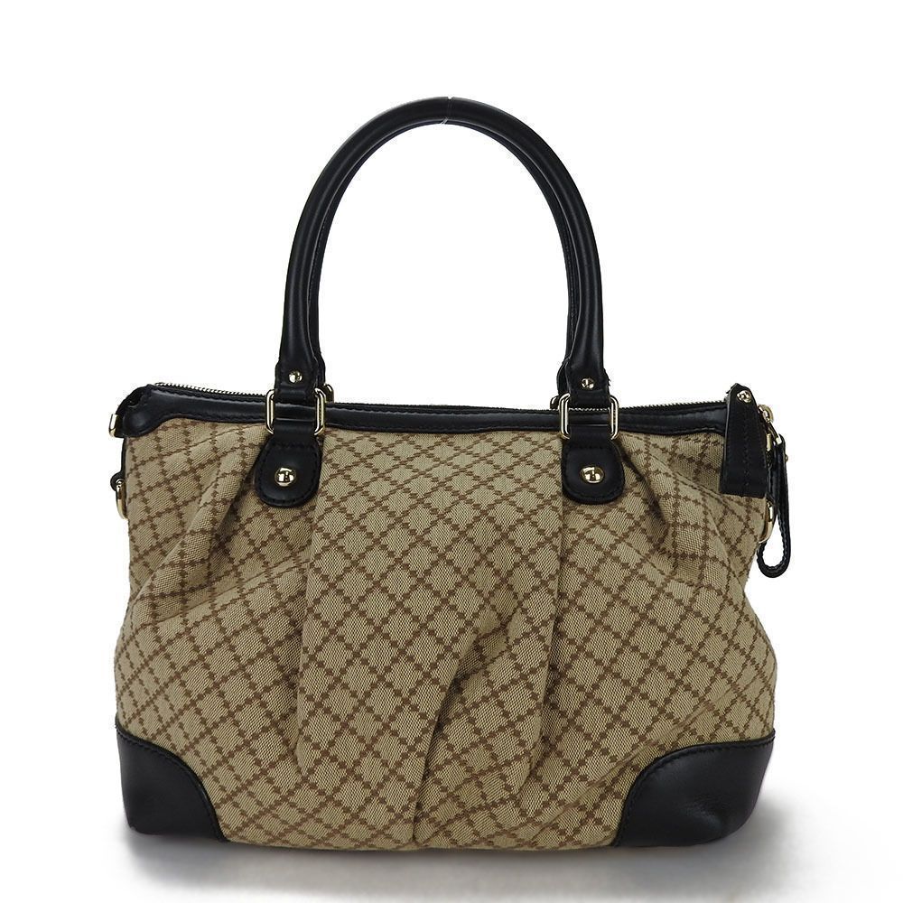 Gucci Diamante Leather Canvas Beige Brown Black Shoulder Strap 2way Handbag - Picture 3 of 9